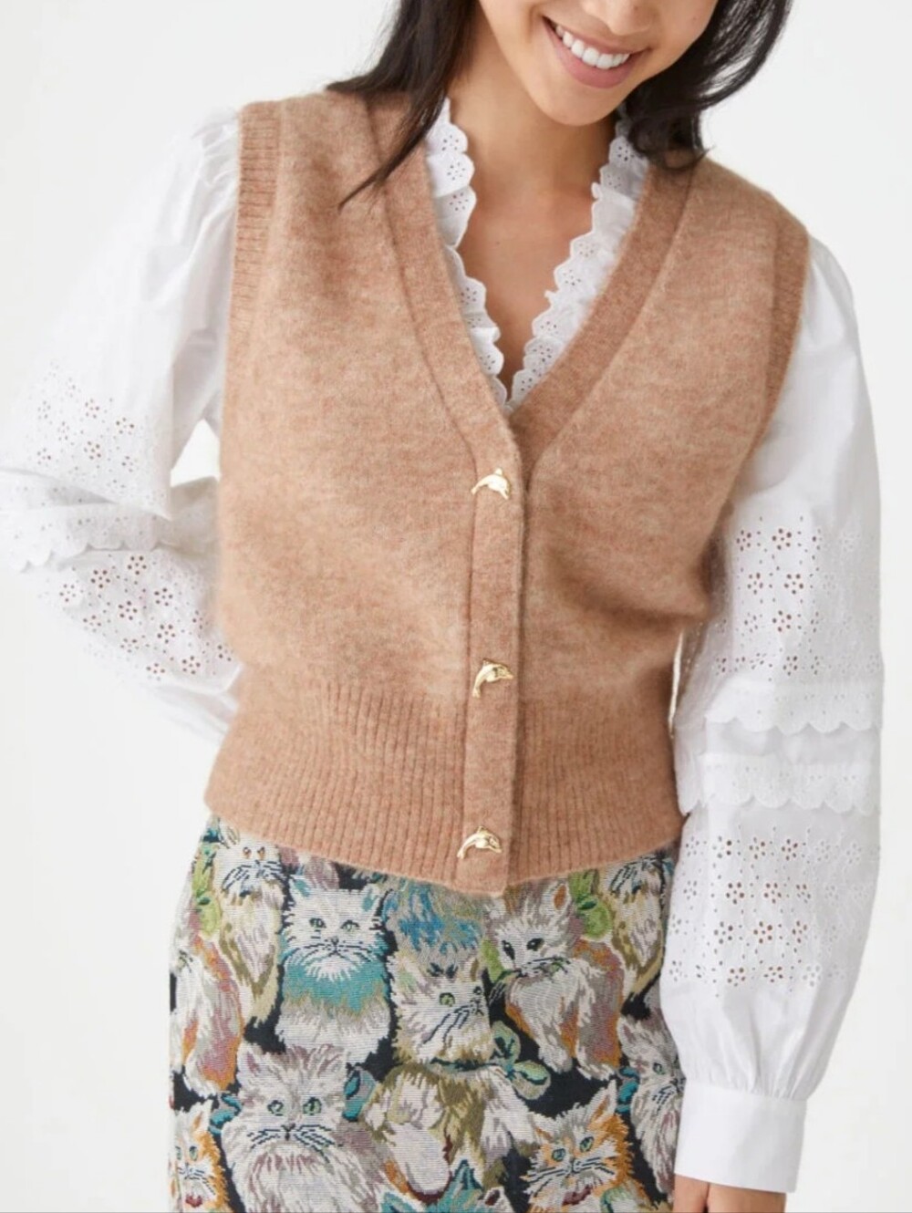 & Other Stories Camel Dolphin Button Front V-Neck Knit Vest Wool Blend